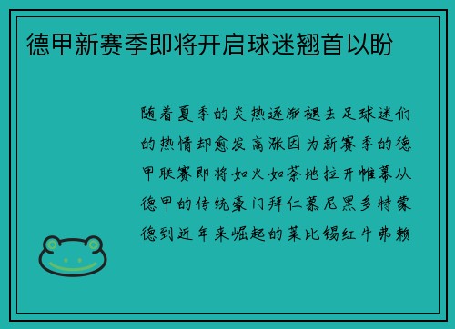 德甲新赛季即将开启球迷翘首以盼
